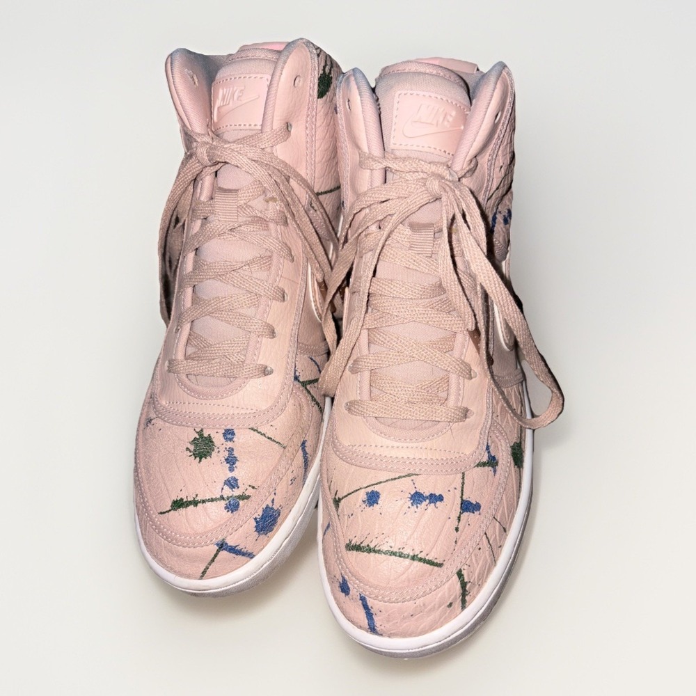 Nike Women's Pale Pink High-Top Sneakers with Blue and Green Paint Splatters - Picture 2 of 9